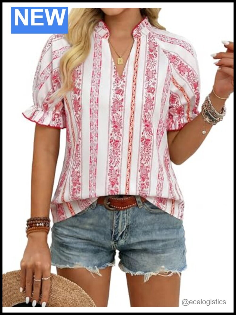 Women's Boho Cotton Blend Short Sleeve V Neck Blouse